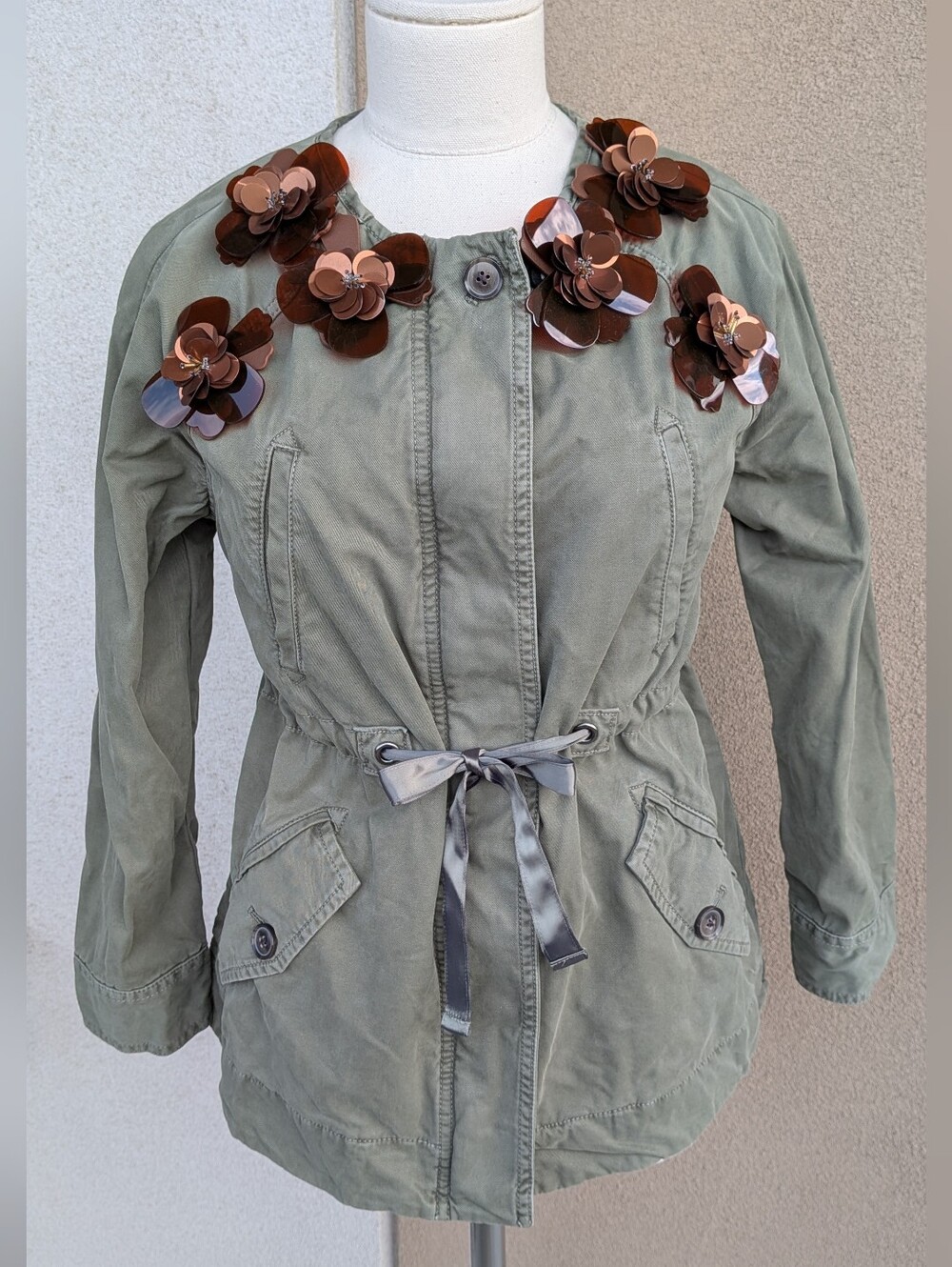Banana Republic Sequin Flower Embellished Utility Field Jacket Green XXS Petite